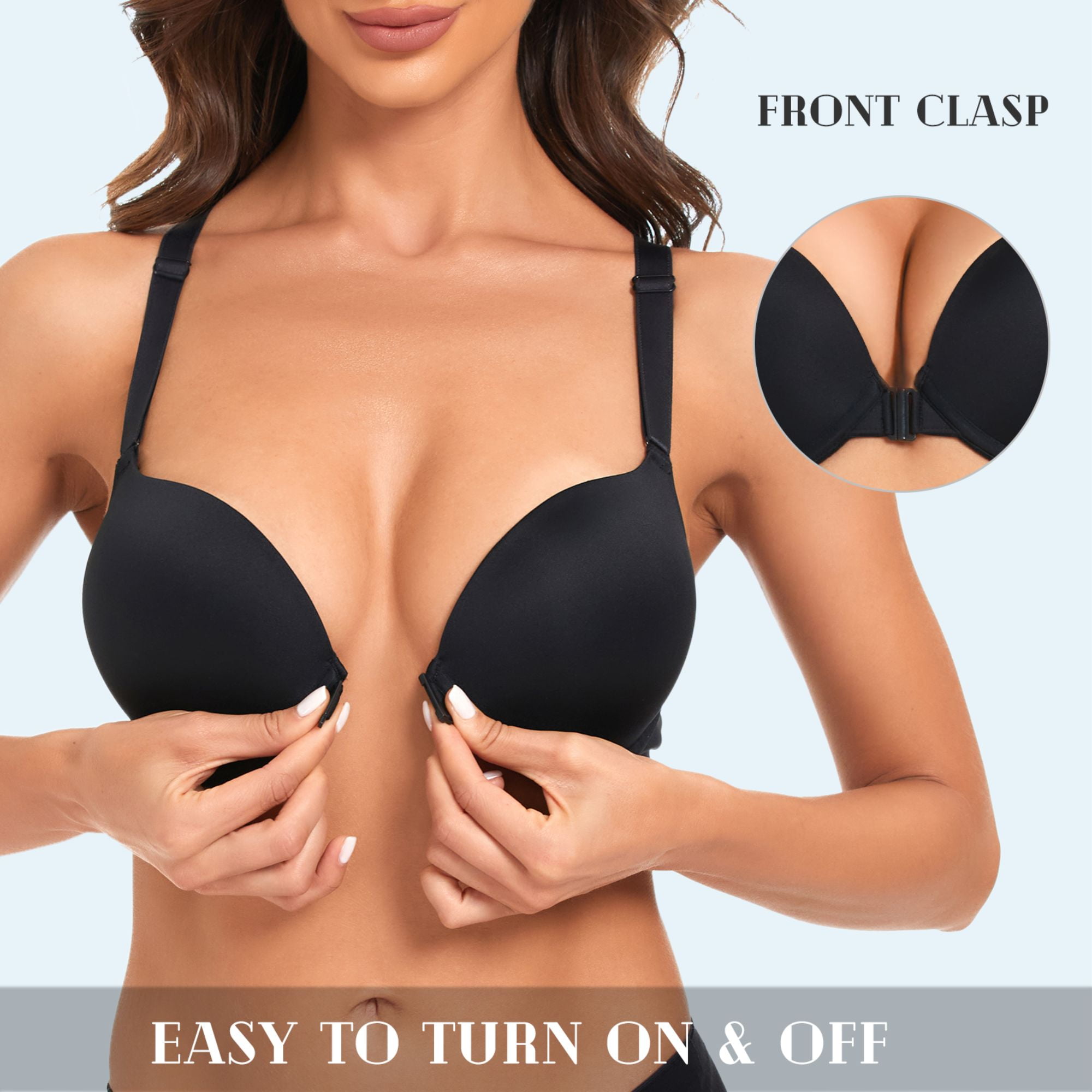 YANDW Women's Push Up Bra Racerback Front Closure Criss-Cross Padded T-Shirt Bras Underwire Plunge Add Cup, Black 38D