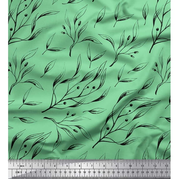 Soimoi Green Cotton Voile Fabric Blueberry Leaves Printed Fabric 1 Yard 58 Inch Wide