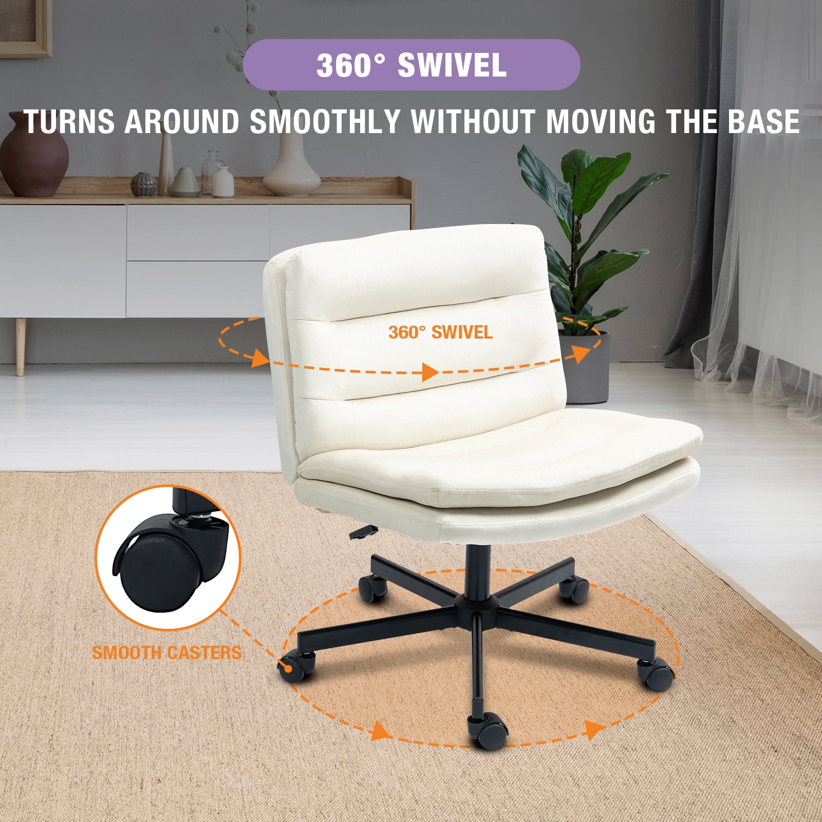 Criss Cross Legged Chair Ergonomic Home Office Desks Chair with Casters, Armless Wide Comfy Vanity Desk Seat Swivel Rolling Computer Chair, Adjustable Height, Rocking Function, Beige