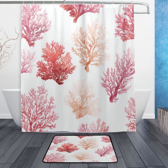 TTYFWHD 60" x 72" Shower Curtain and Bath Mat Set Soft Coral Reef Art Waterproof Bathroom Curtain with 12 Hooks, Bathroom Decor Set