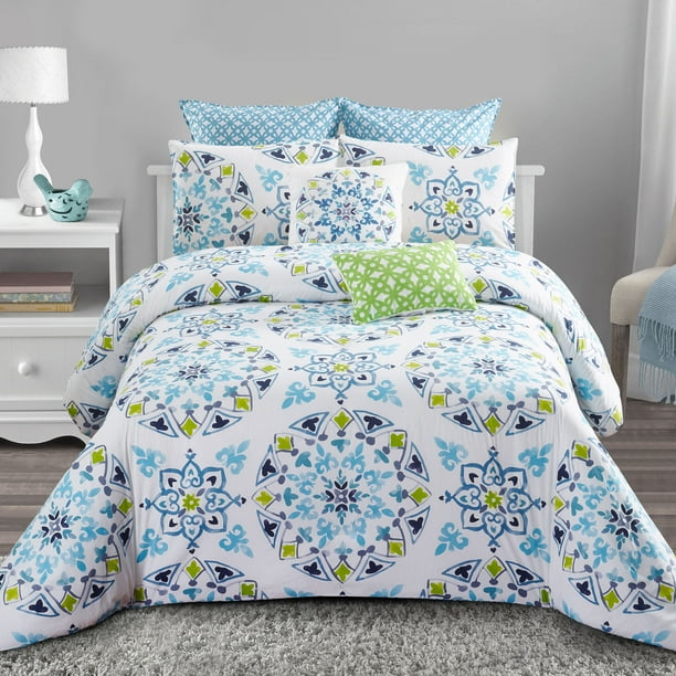 Cassie 7pc Comforter Set Charming Blue and Green Medallion Print