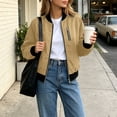 thumbnail image 4 of PRINxy Women's Long Sleeve Bomber Collar Full Zip Jacket with Decorative Chest Zip, Side Pockets for Fall Winter Casual Khaki XL, 4 of 8