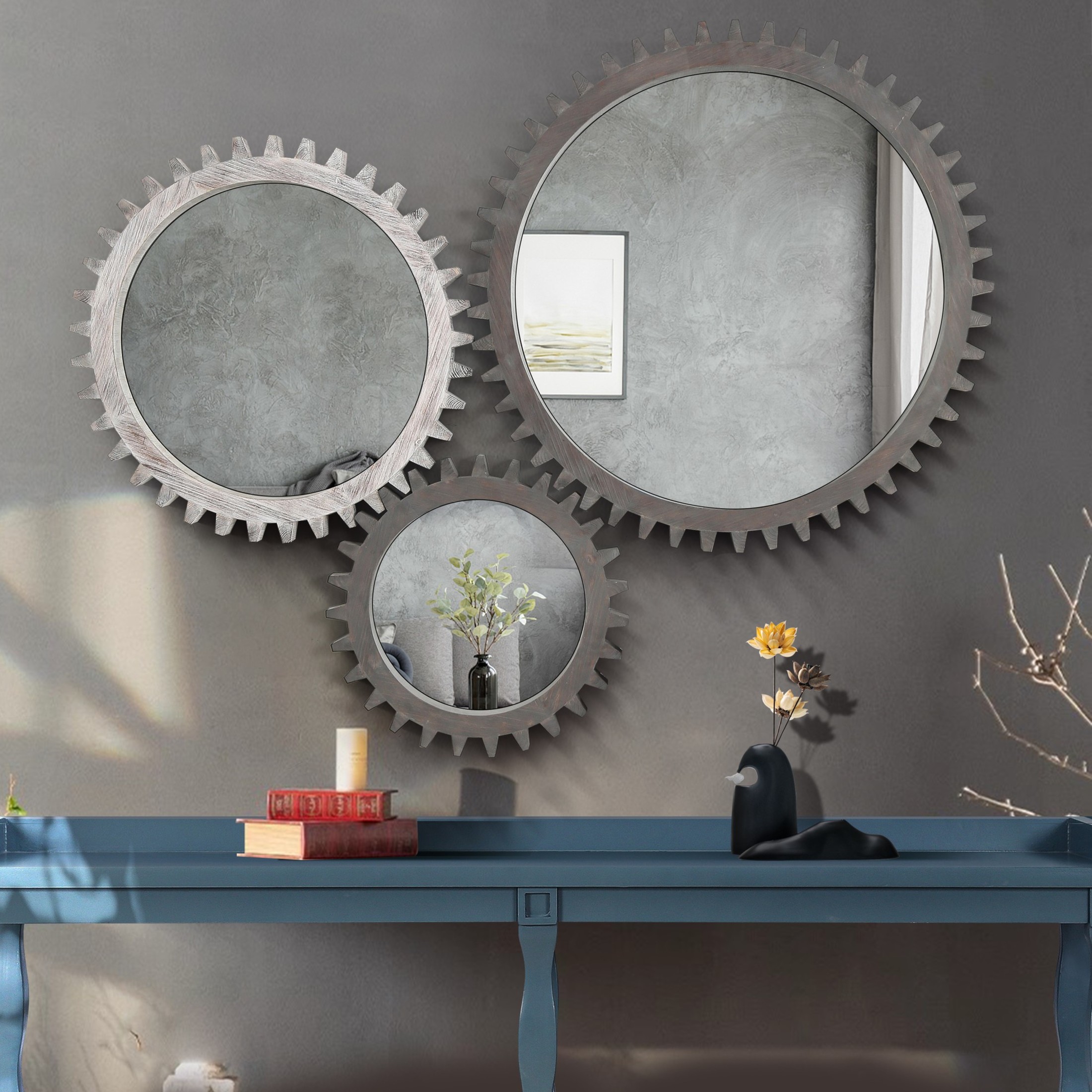 Noble House Vintage 26'' Wall Wood Round Hanging Gear Shape Heavy Decorative Mirror For Bathroom Living Room Entryway, White Washed