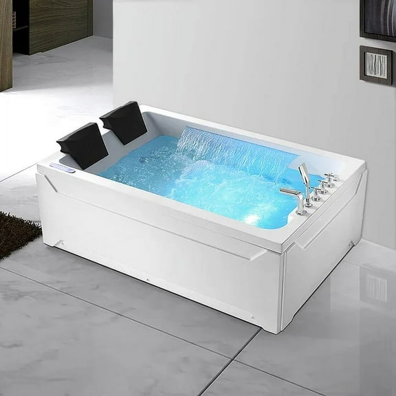 Homary 73" LED Acrylic Whirlpool Water Massage Double Waterfall 3 Sided Apron Bathtub