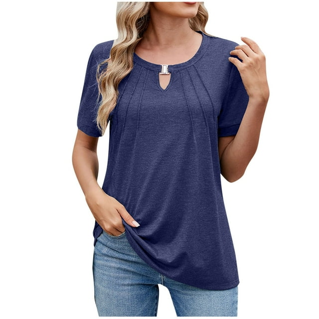 Timegard Womens Tops Front Keyhole Round Neck Short Sleeve T Shirts Solid Color Casual Tunic Blouses