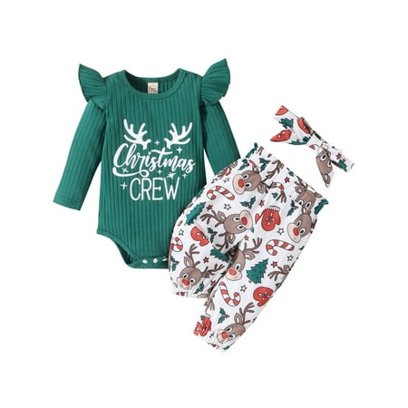 

Baby Girls 3Pcs Christmas Outfits Romper+Cartoon Print Pants+Headband