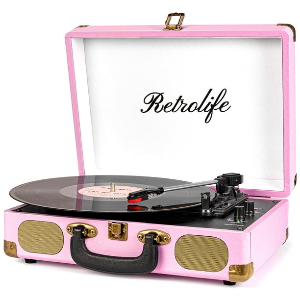 Tocadiscos de vinilo Retrolife con Bluetooth de 3 velocidades, color rosa