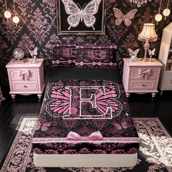 meiyoeat Butterfly Initial E Letter Zipper Twin Comforter Sets with Fitted Sheet and 2 Pillowcases for Women Girls, Black Pink Bowknot Damask Floral Zipper Bedding Set, Black Reversible, 4 Pieces