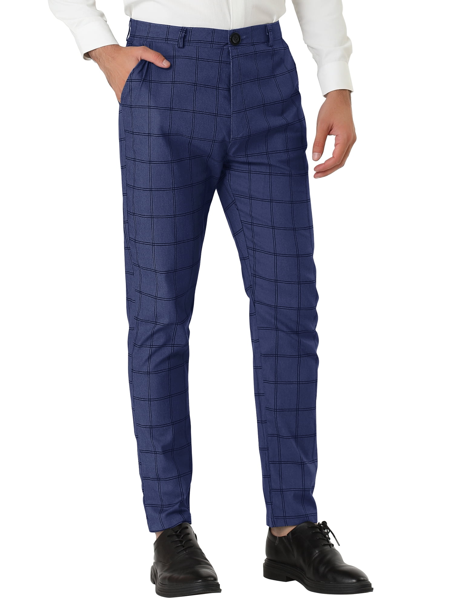 Unique Bargains Men's Slim Fit Plaid Business Pants Trousers with Pockets 36 Navy Blue