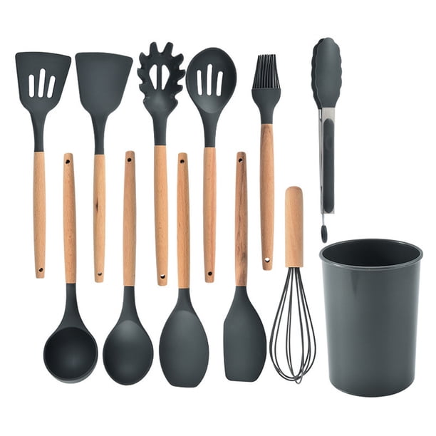 Cocina Cocina Herramientas Conjunto Silicona Madera Manejo Manejo Pincel de Aceite Spaghetti Garra Hornear Hogar Artículos de cocina Accesorios Gris Negro 12 Piezas sidaley HA028300-04