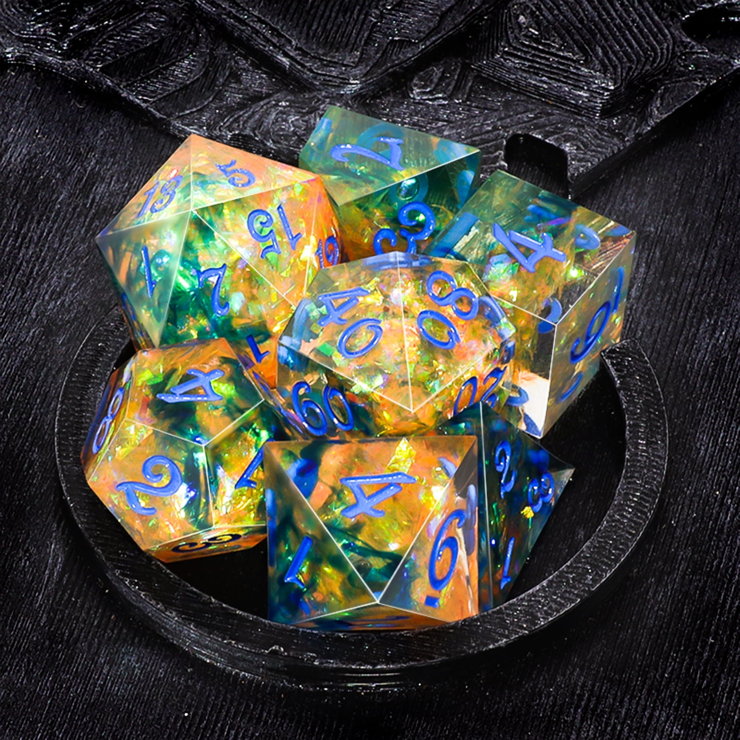 SWAJUJA Sharp Edge Resin Dice Set, 7PCS Handmade Polyhedral DND Dice with Iridescent Plating and Gift Case for Dungeons & Dragons RPG Tabletop Games