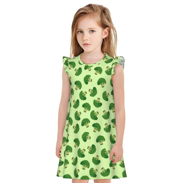 Fotbe Broccoli Vegetables Vestido de Dormir para Niñas de 3 a 10 Años, Mangas Cortas, Estilo Princesa, Pijama Camisón con Mangas Voladas-XX-Large