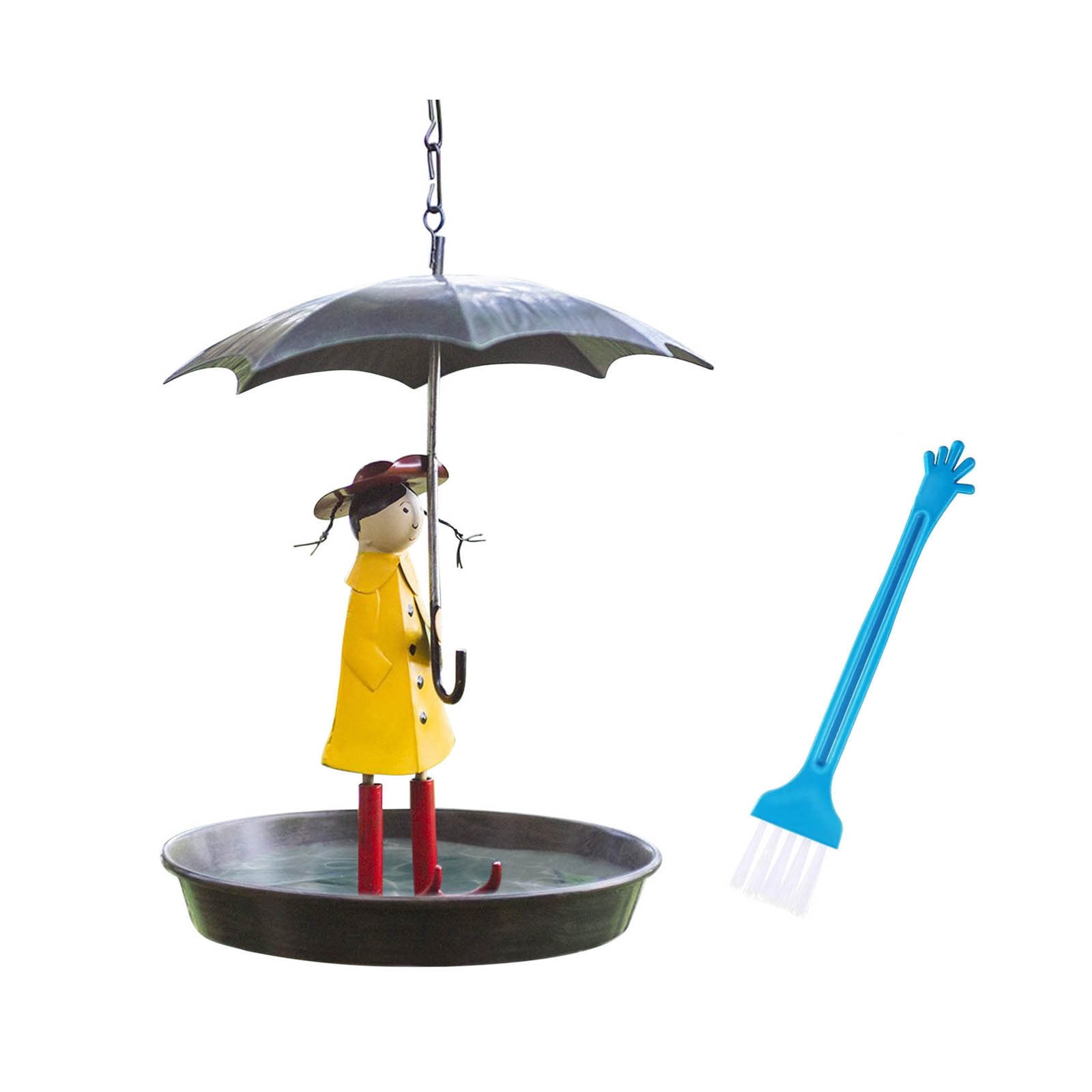 Djiypn Bird Feeders for Outdoors Hanging, Novelty Metal Girl with Umbrella Hummingbird Feeder, Wild Bird Feeders Outside Bird Bath with Brush, Gifts for Mom, Birdlovers (Black)