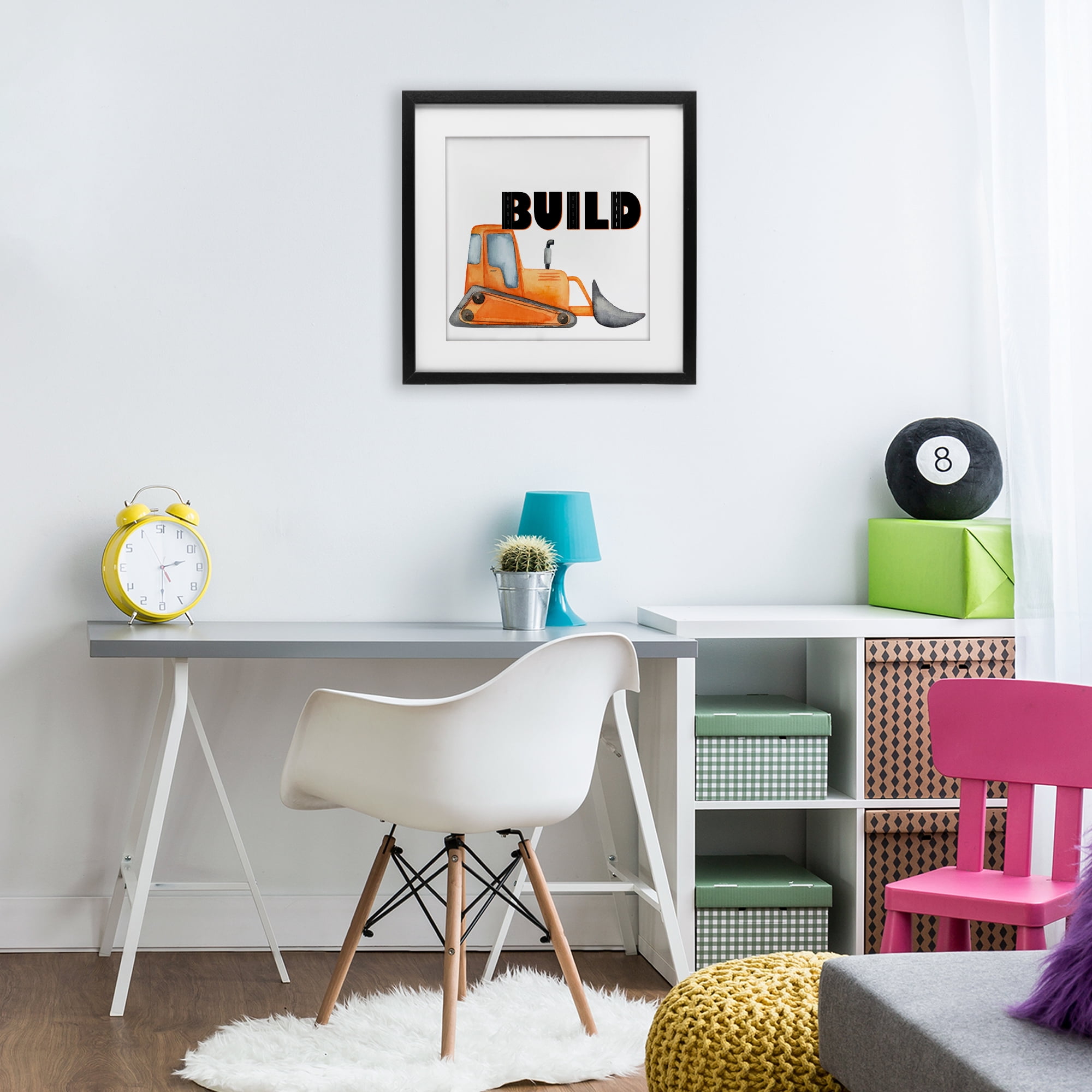 Build with Orange Bulldozer Black Framed Print Under Glass, design by Kim Allen