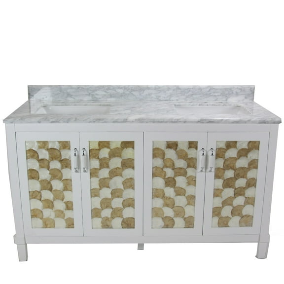 InFurniture 60" Seashell Panel Double Sink Bathroom Vanity with Carrara Marble Top SQ-Sink