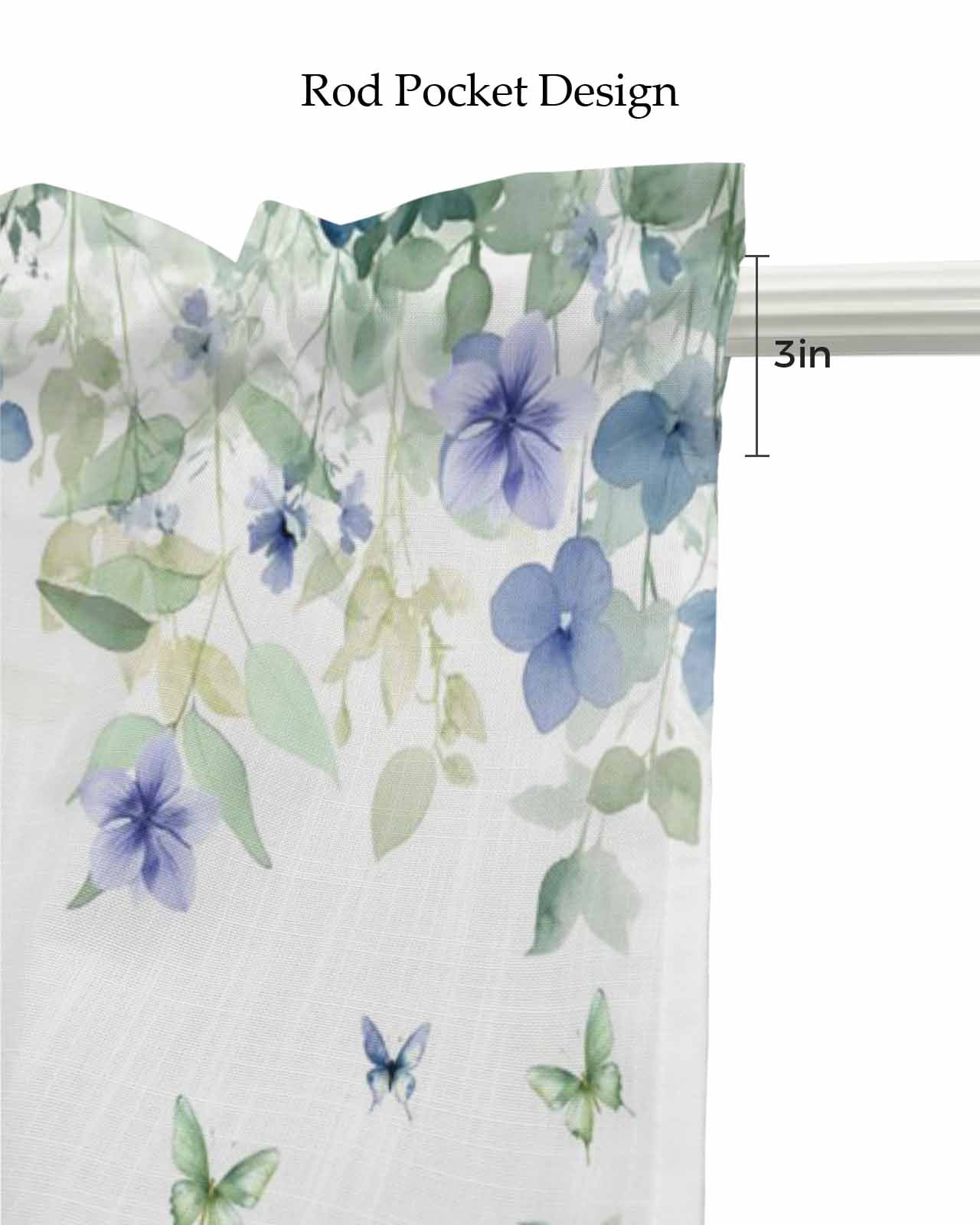 Leaf Butterfly Kitchen Valances for Windows Farmhouse Linen Window Valance Curtain for Living Room Window Treatment Watercolor Sage Green Purple Floral Valance Rod Pocket Topper Drape, 42 x 12 Inch