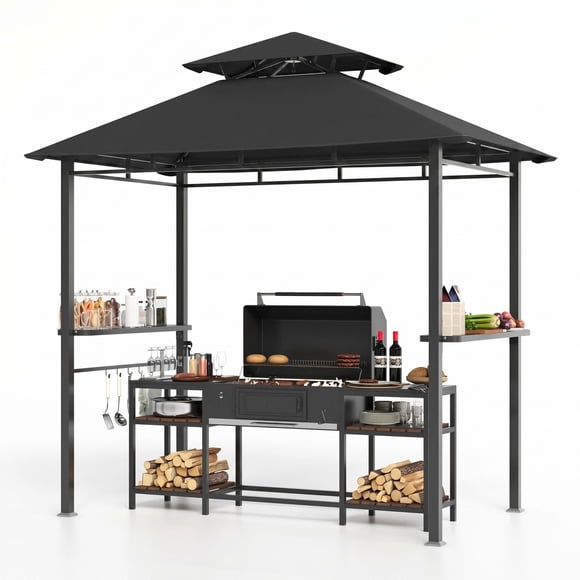 Cenador para parrilla 8x5 pies para exteriores - Techo doble de acero galvanizado, resistente al clima - 2 estantes laterales, 5 ganchos, abridor de botellas, barras para servir y ganchos de techo
