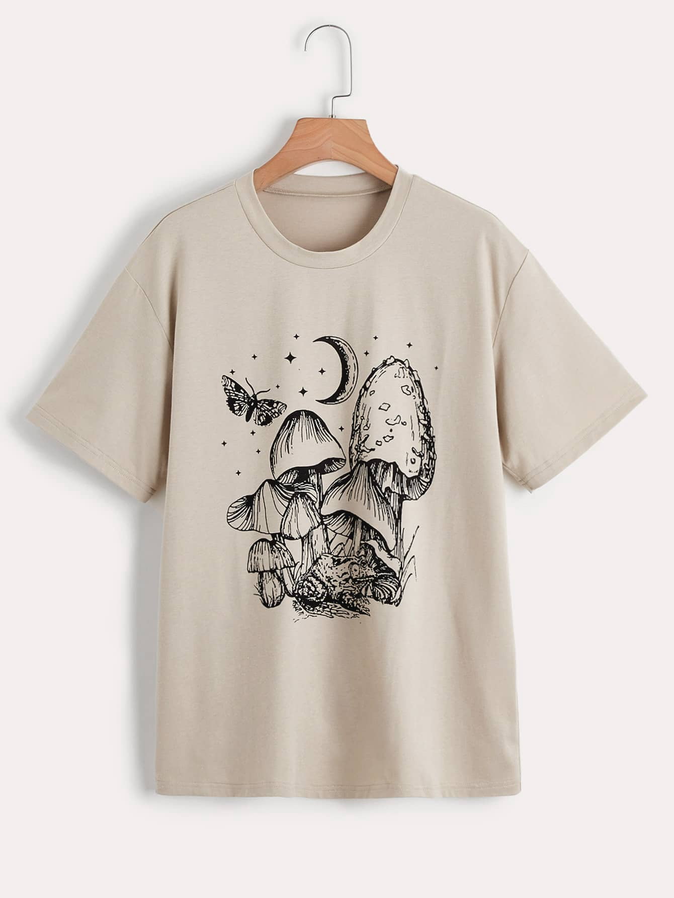 Khaki Mushroom And Butterfly Print Tee 