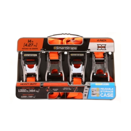 SmartStraps 1-1/4 in. x 14 ft. Orange RatchetX Heavy Duty Ratchet Tie Down Straps, Padded Handle, 1,000 lb. Safe Work Load - 4 pack