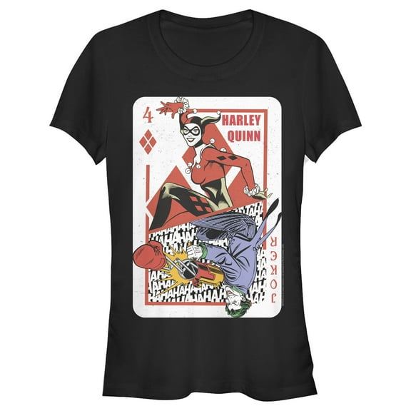 Junior's Batman Harley Quinn Joker Poker Card Graphic Tee Black Medium