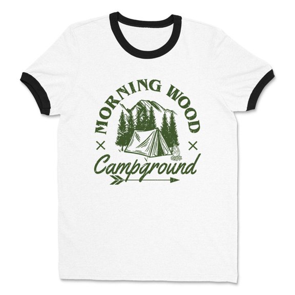 Morning Wood Campground Ringer Tee Shirt Unisex Large White/Black