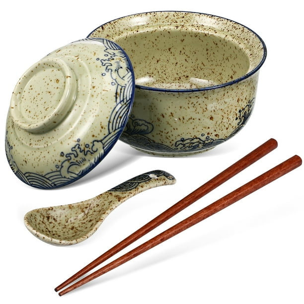 1 juego de tazones para ramen, tazón de fideos instantáneos, tazón de cerámica para ramen, tazón para sopa, tazón para servir con palillos, cuchara y tapa