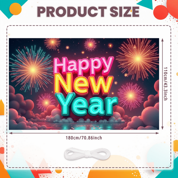 Colorful Design Happy New Year Banner Festive Fireworks Celebration Backdrop for New Year Party Indoor Decoration Holiday Event