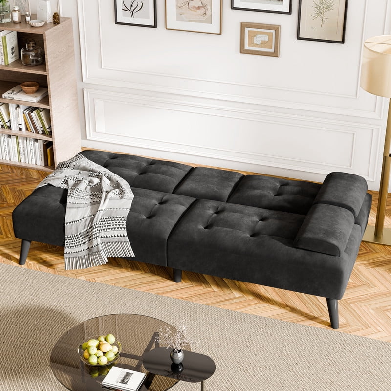 Walsunny Convertible Futon Sofa Bed, Foldable Futon Sleeper Sofa Bed with 2 Cup Holders, Folding Loveseat Recliner with 3-Angle Adjustment Modern Couch for Living Room, Small Space, Black