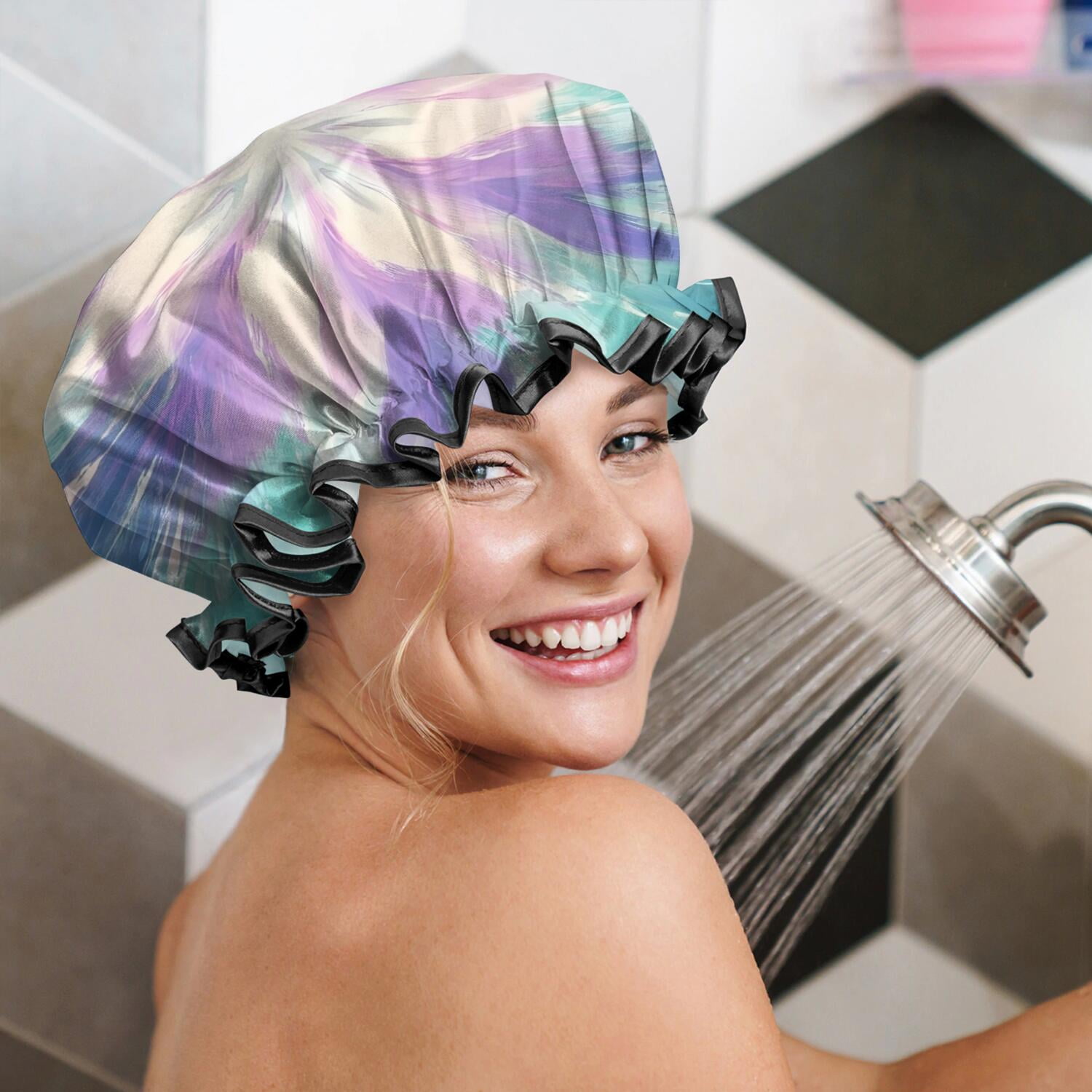 Shower Caps,Tie Dye Pattern Waterproof Shower Cap for Women 4 Pieces,Double Reusable Hair Cover for Shower PEVA Elastic Stretch Hem