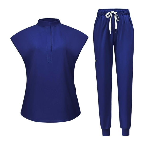 Conjunto de uniforme médico femenino con top y pantalón deportivo para spa, salón de belleza y tienda de mascotas. Azul oscuro