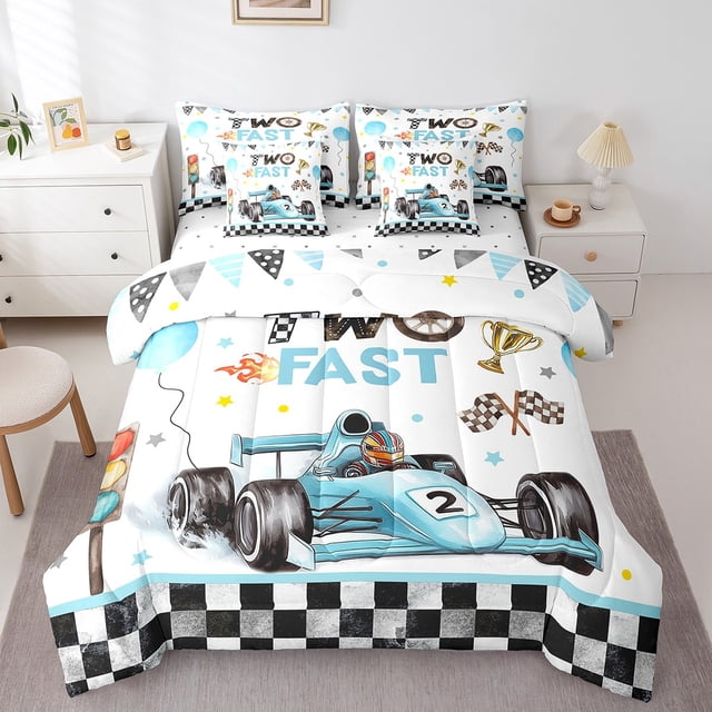 Two Fast Birthday Decorations Bedding Set For Boys Blue Race Car Comforter Set Checkered Flags Racing Wheel Bedding(Comforter+Fitted+Flat Sheet+2 Pillowcases+2 Throw Pillow Covers)7Pcs Bed Set,King