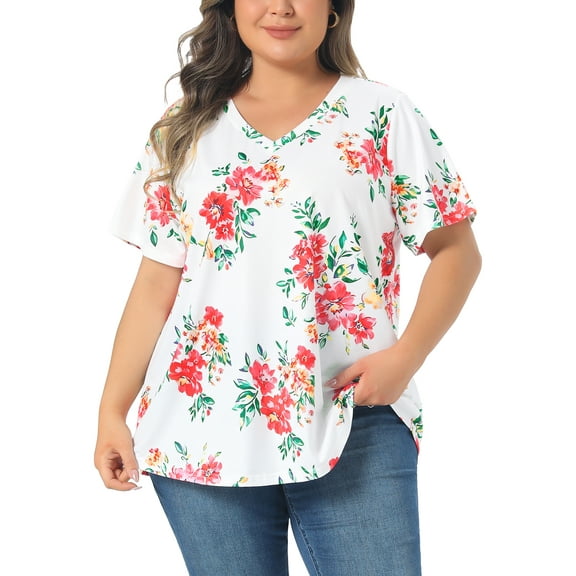 Agnes Orinda Women's Plus Size Floral Tops V Neck Short Sleeve Summer Casual Tunics Blouse 1X White