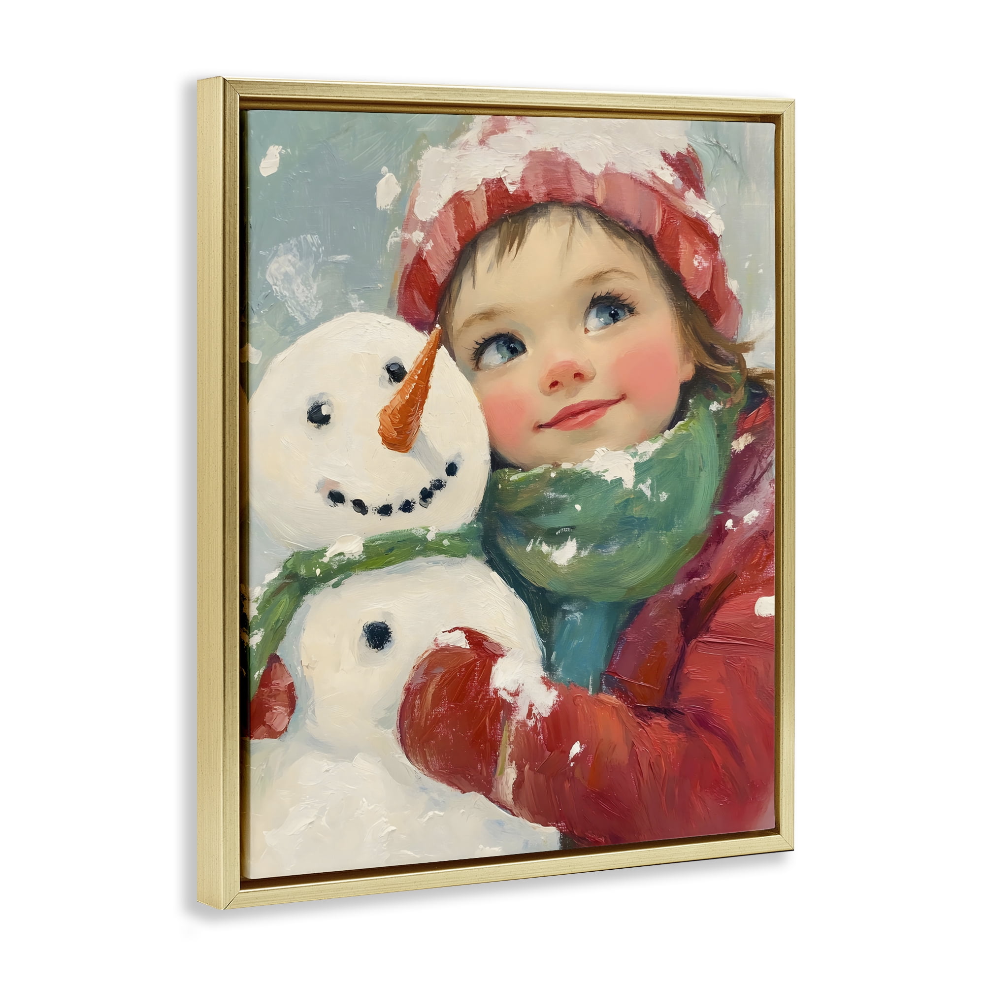 Stupell Industries Christmas Girl & Snowman Embrace Gold Framed Floater Canvas Wall Art, design by The Prints Vibe