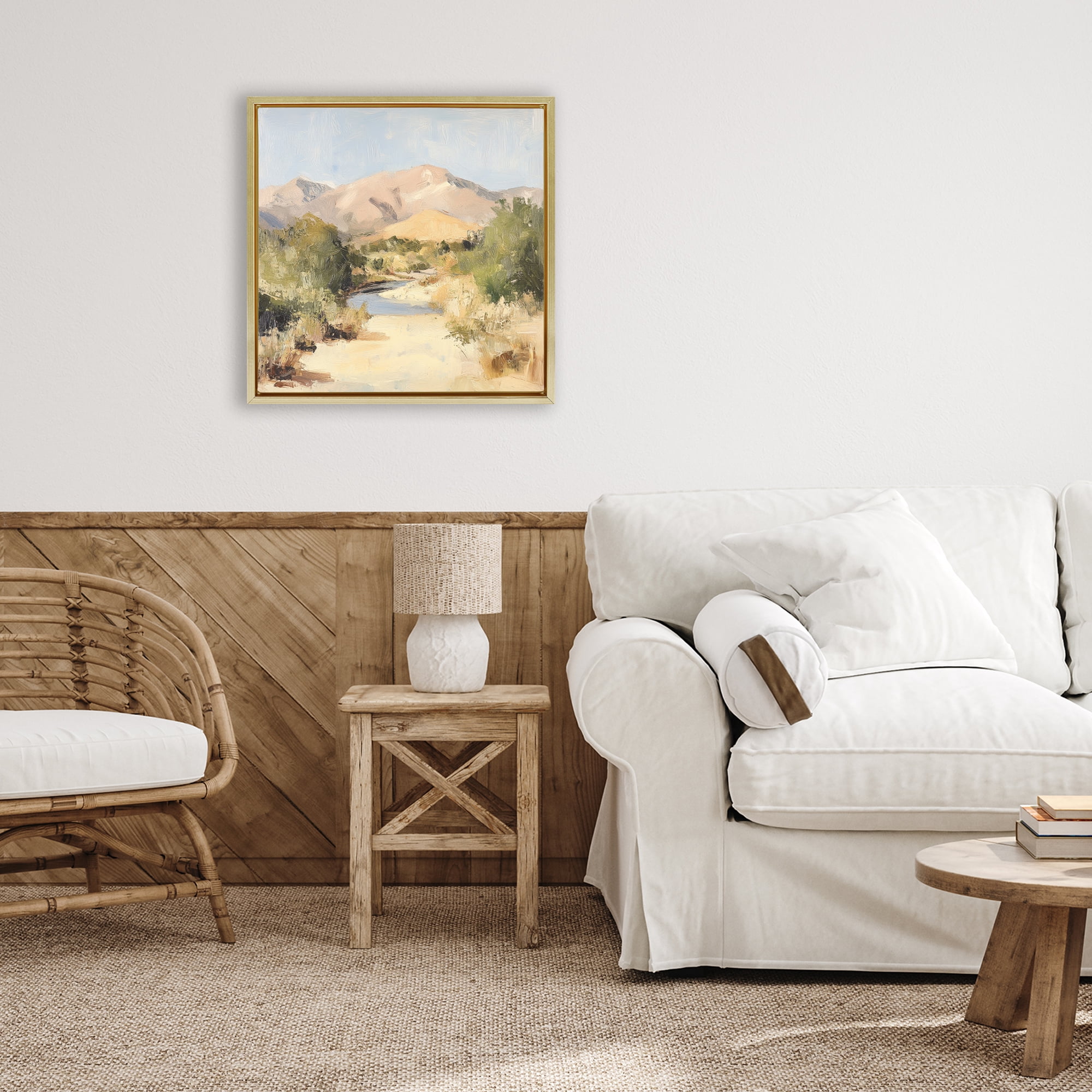 Stupell Industries Beige Desert Mountain Stream Gold Framed Floater Canvas Wall Art, design by Petal Prints Design