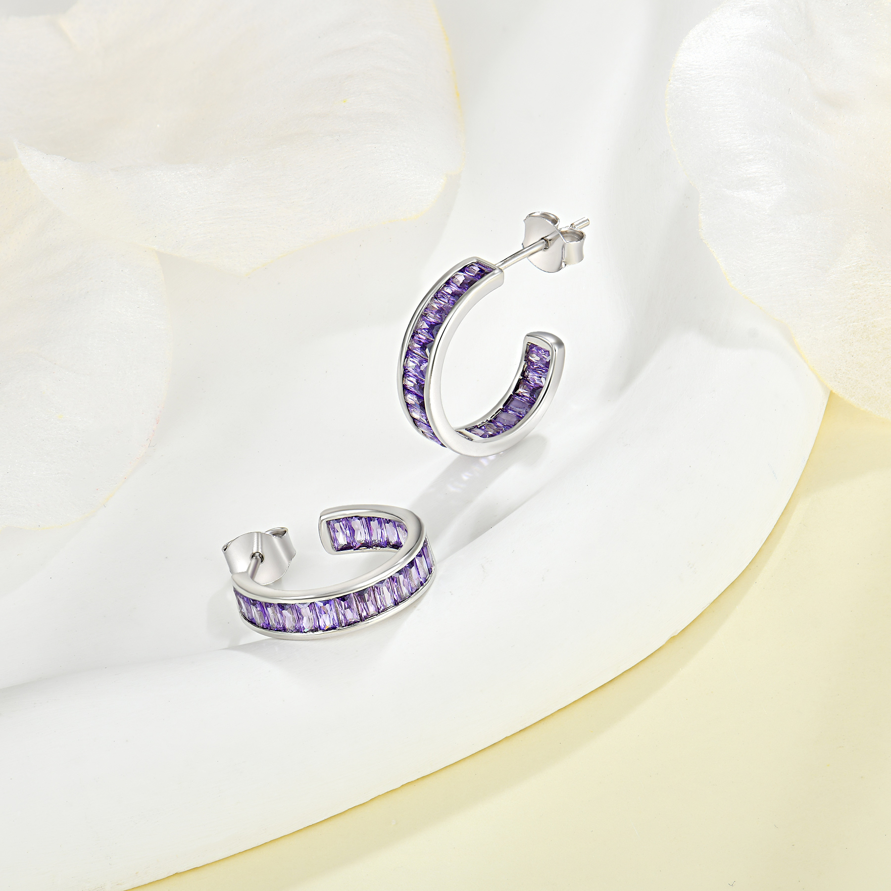 Hoop Earrings for Women 925 Sterling Silver Purple 5A Cubic Zirconia Full Diamond Earrings