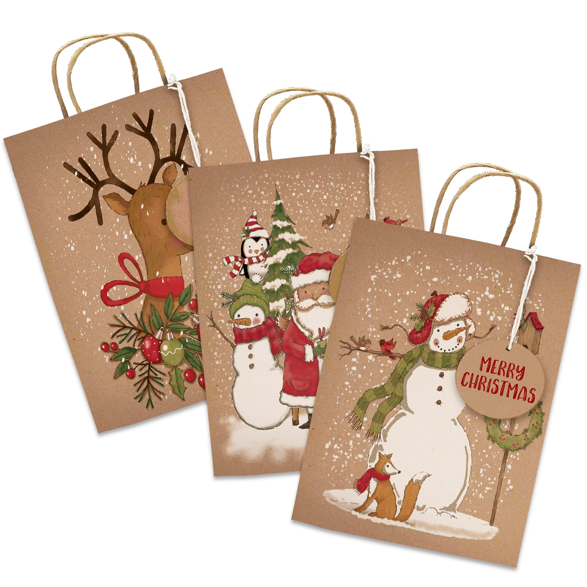 Holiday Time Extra Large Kraft Paper Christmas Gift Bags with Gift Tags