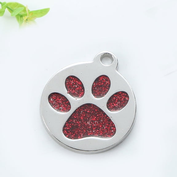 CURYMAY Paw Print Round Stainless Steel Pet Tag for Dog Or Cat, Personalized | with 4 Lines of Custom Engraved Id Name and Number, in Stainless Steel and 15 Colors Small and Large, Glitter Red