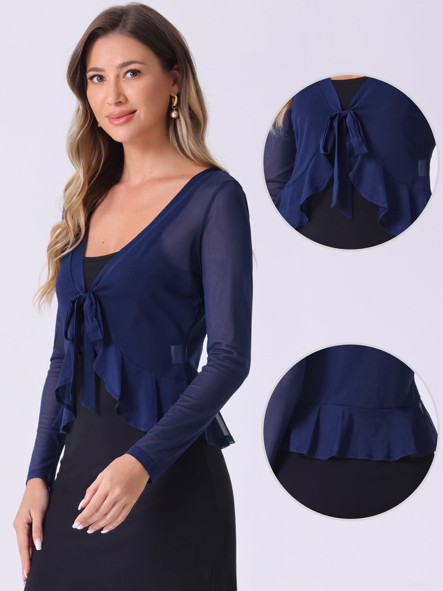 DARING DIVA Women's Ruffle Mesh Shrug Long Sleeves Self Tie Casual Bolero Cardigan M Dark Blue