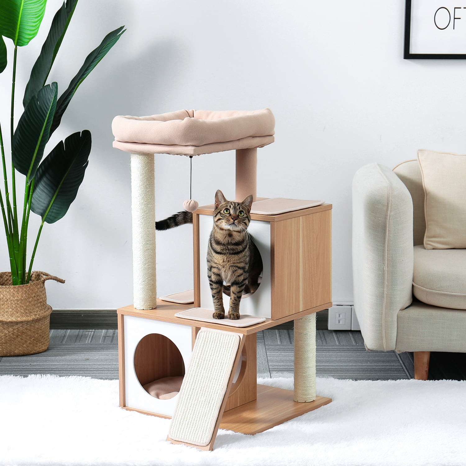 Kepooman Cat Tree with Double Condos Spacious Perch Sisal Scratching Post & Replaceable Dangling Balls, Pet Play Condo Furniture, Beige Kepooman Cat Tree with Double Condos Spacious Perch Sisal Scratching Post & Replaceable Dangling Balls, Pet Play Condo Furniture, Beige