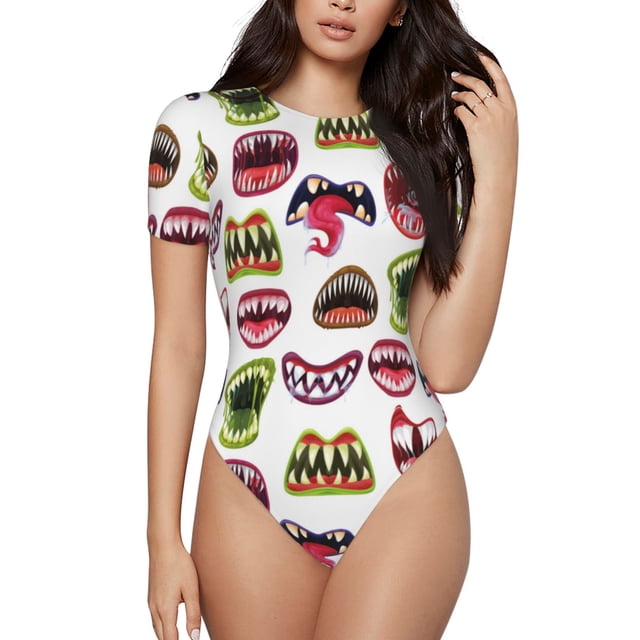 Fotbe Halloween Mouth Body de Mujer con Cuello Redondo y Mangas Cortas, Sin Mangas Ajustado, Suave, Cómodo y Básico-Small