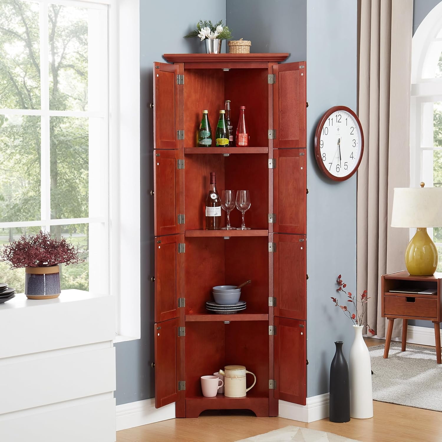 72" H Farmhouse Corner Storage Cabinet with 8 Doors & 4 Shelves, 4 Tier Kitchen Corner Pantry Cabinet Wooden Organizer Case Bookshelf, Home Space Saver Cabinet for Kitchen,Living Room(Cherry)