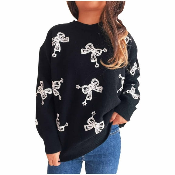 Fengactive Women's Cute Bowknot Pattern Loose Sweaters Fall Winter 2025 Long Sleeve Knit Pullover Casual Crew Neck Sweater