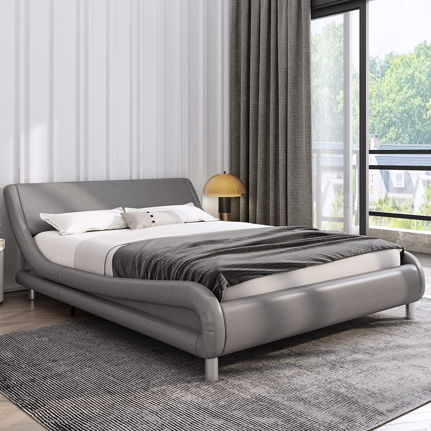 Modern Bedroom Wooden Platform Bed Frame with Wooden Slats 3 Size Gray Furniture 