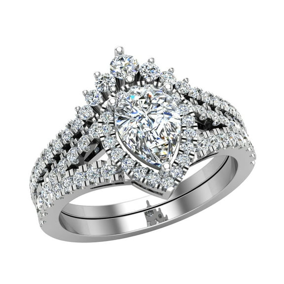 Wedding Ring Set Pear Cut Halo Diamond Ring 14K White Gold (Moissanite Center)