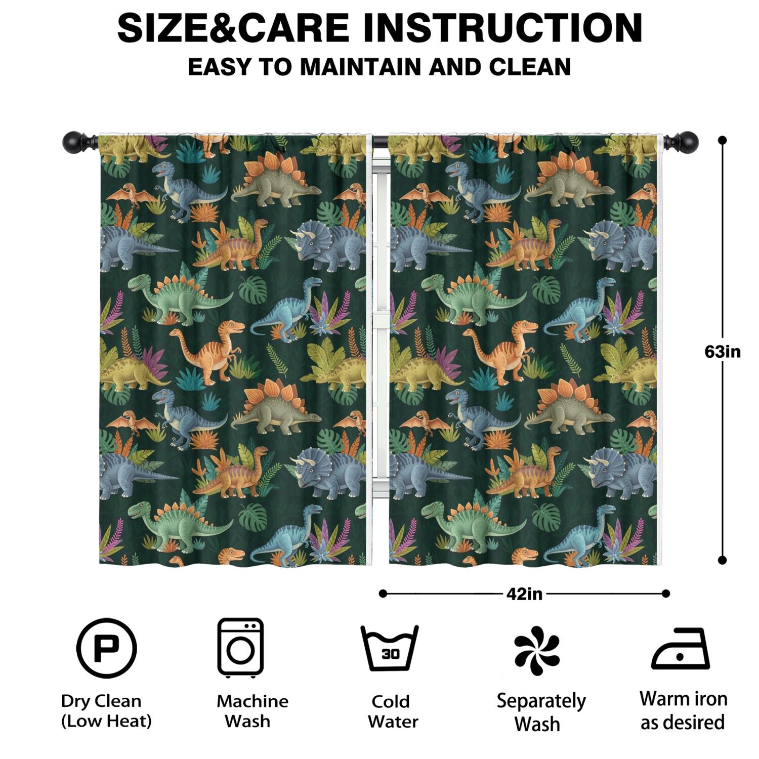 Blackout Kids Curtains,DarkGreen Cartoon Dinosaurs Jungle Pattern Childrens Insulated Curtains Set Of 2,Bedroom Essentials,Toddler Room Decor 42"x63"