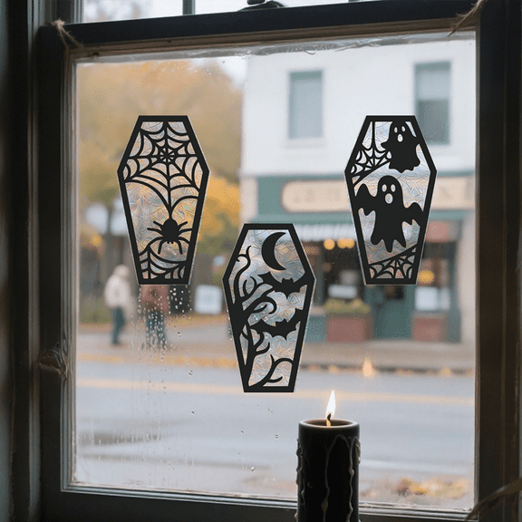 Ljxge Halloween Window Clings - Reusable Static Bat Silhouette Decals for Glass Doors and Windows, Tombstone and Spider Designs, No Residue Seasonal Stickers for Indoor/Outdoor Use