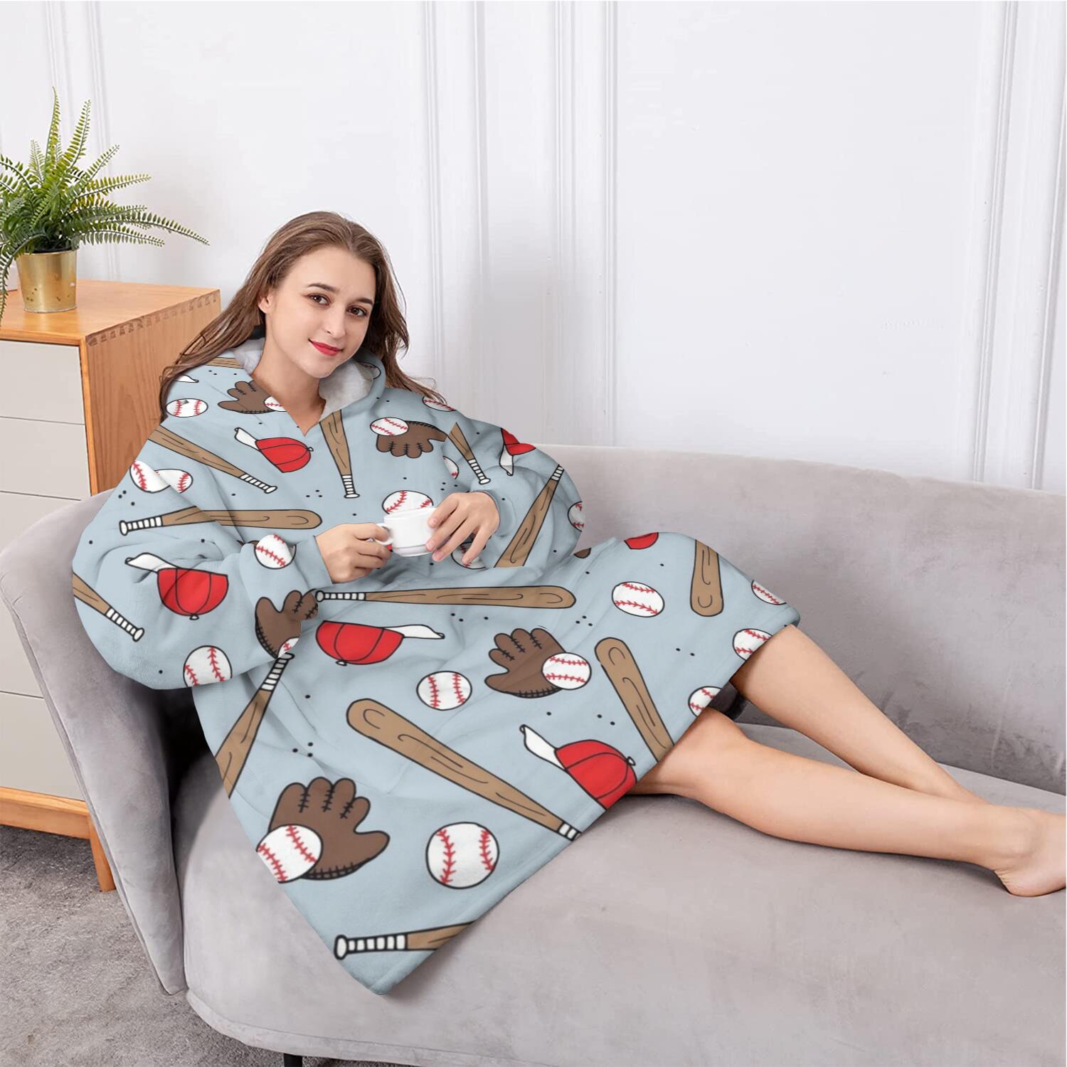 Oversized Wearable Blanket Hoodie,Blue Baseball Gear Pattern Sherpa Blanket Hoodie with Super Pockets,Super Warm Fuzzy Pullover for Women & Men