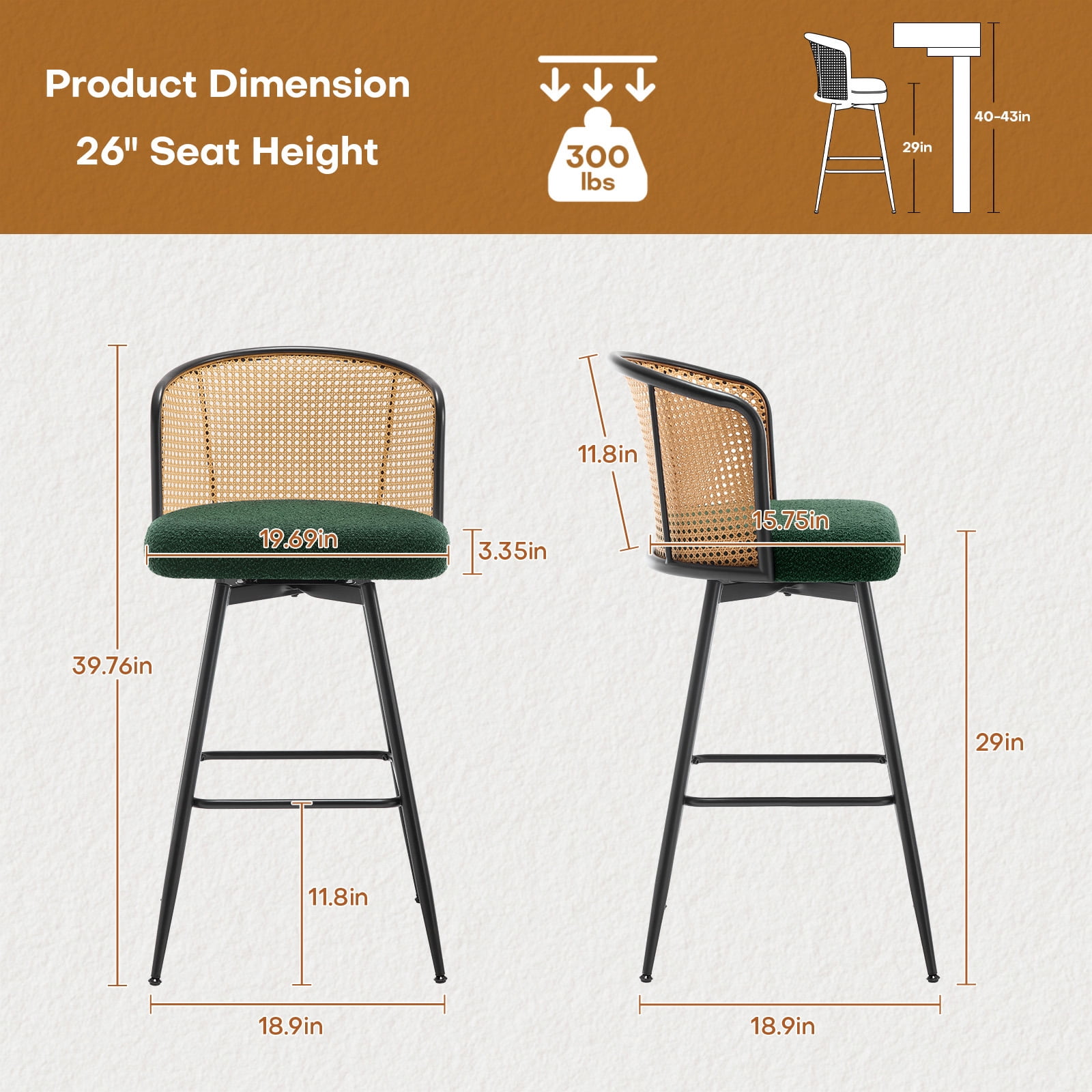Foreate Cane Swivel Barstools Set of 2, 29" Seat Counter Height w/ Rattan Mid-Back Metal Legs, Upholstered Boucle Fabric Modern Armless Bar Stools Chairs for Kitchen Island Pub