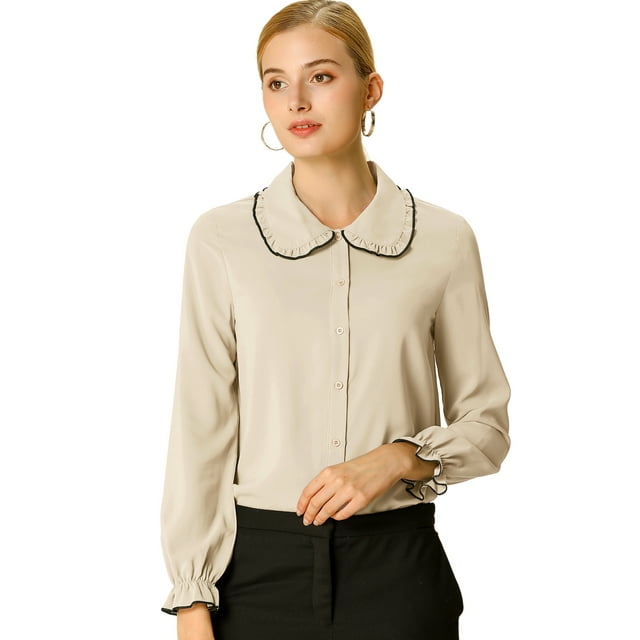 Blusa De Manga Larga Con Cuello Peter Pan Y Volantes Para Mujer Albaricoque S