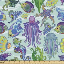 Ambesonne Underwater Fabric by the Yard Upholstery, Modern Sea Life Animals, 1 Yard, Purple Turquoise and Green